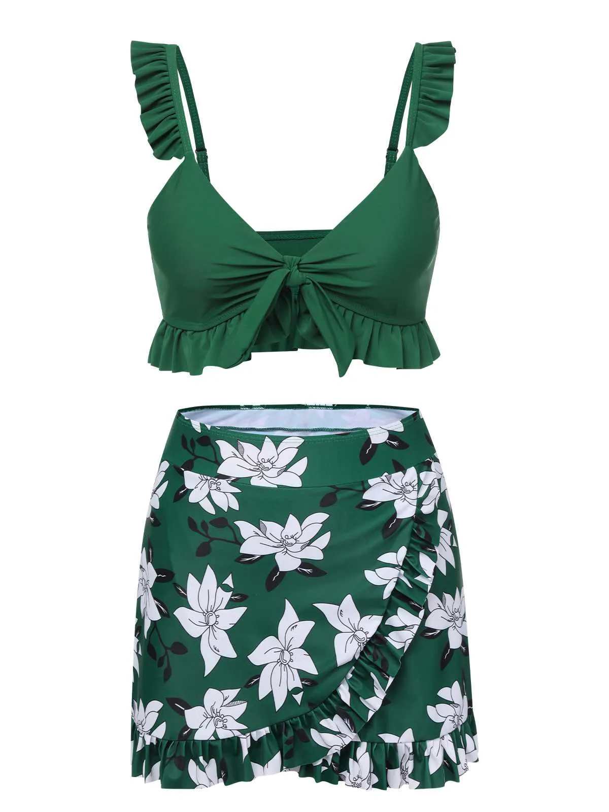 Green 1960s Strap Floral Ruffles Swimsuit sold by Retro Stage