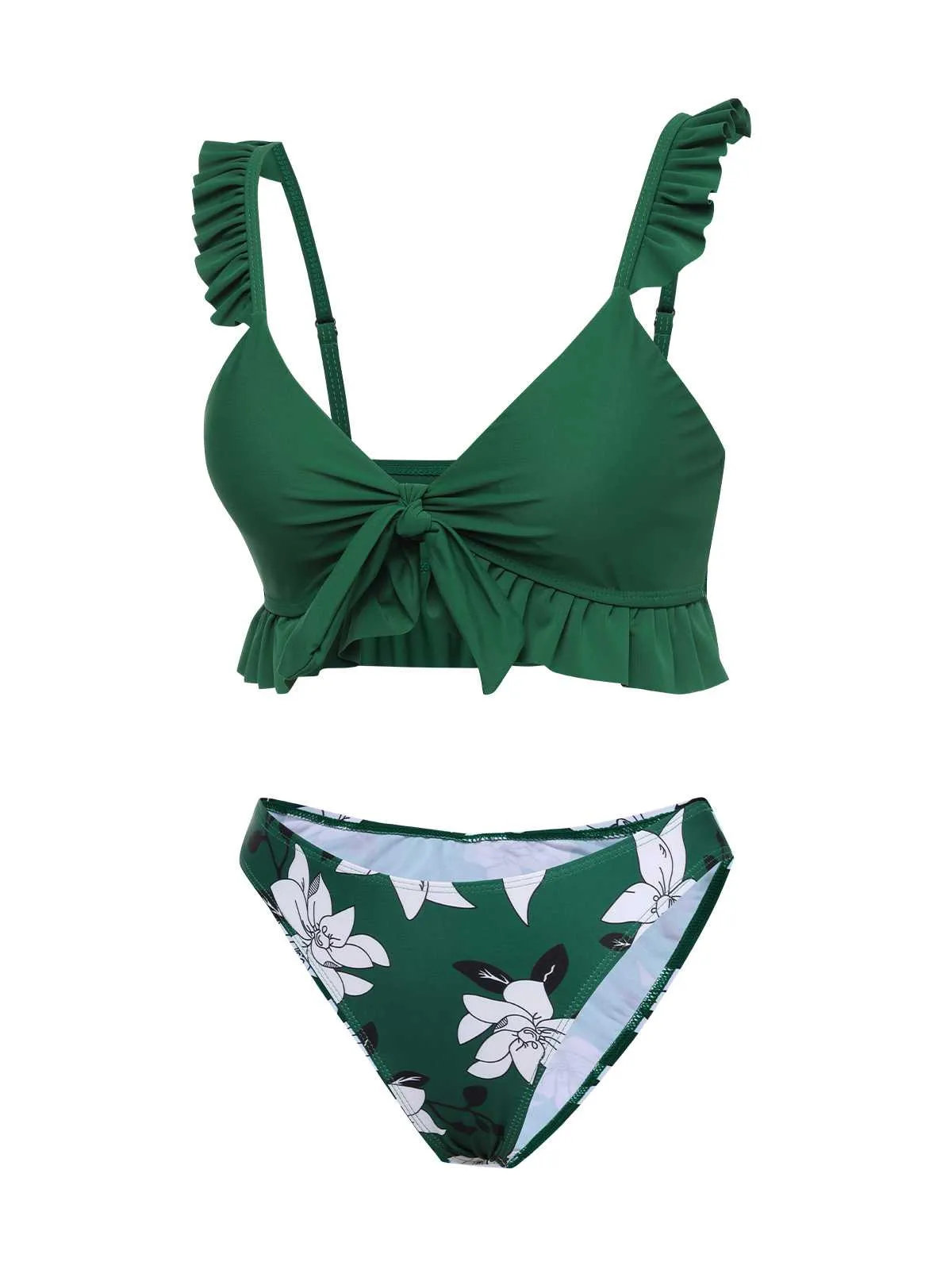 Green 1960s Strap Floral Ruffles Swimsuit sold by Retro Stage product image thumbnail 5