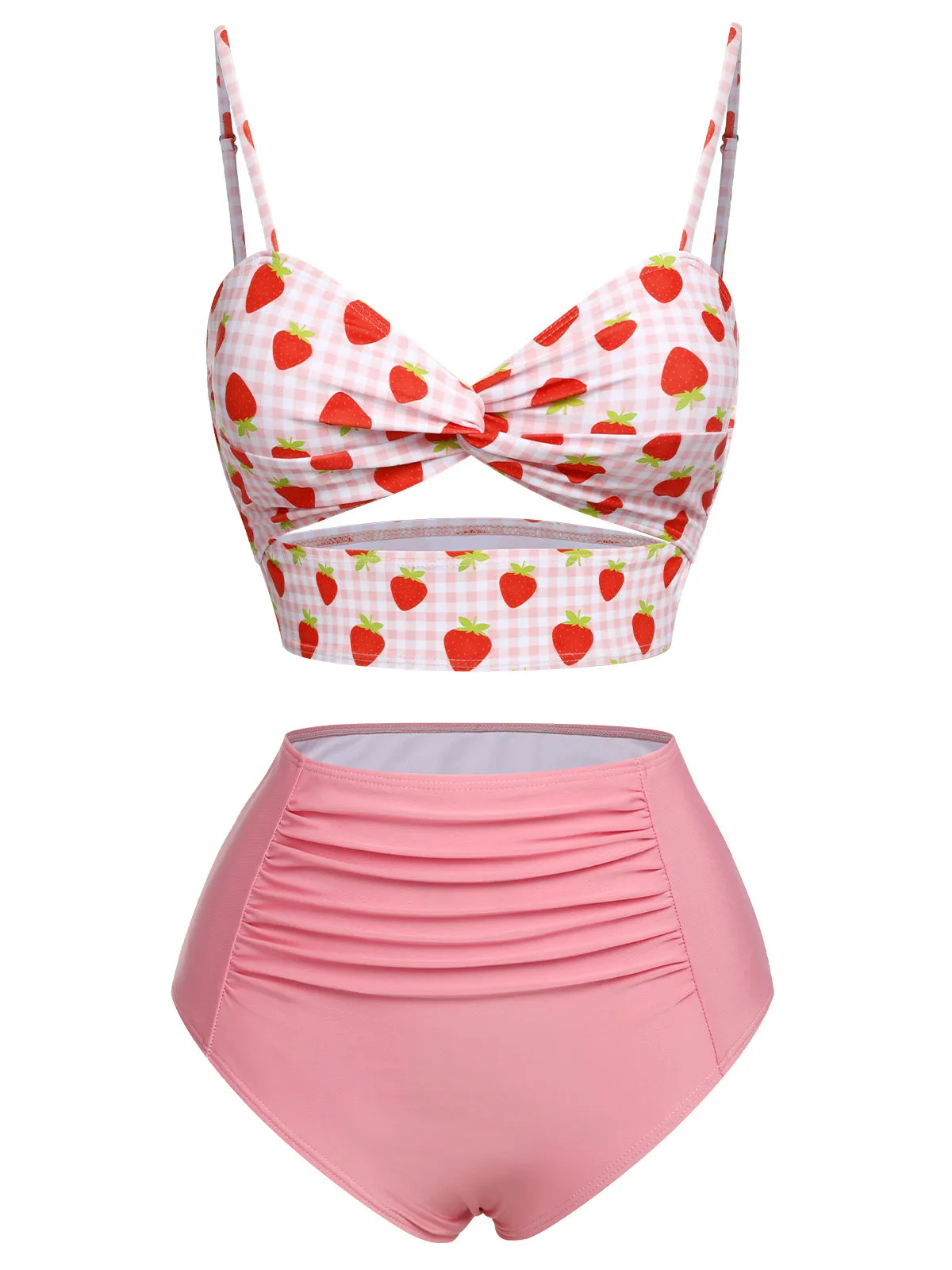 Pink 1960s Strawberry Plaid Halter Swimsuit sold by Retro Stage product image thumbnail 2