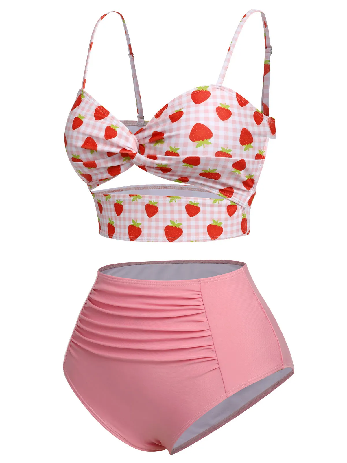 Pink 1960s Strawberry Plaid Halter Swimsuit sold by Retro Stage product image thumbnail 3