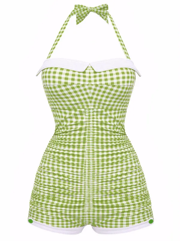 Gingham 1950s Halter Bowknot One-piece Swimsuit sold by Retro Stage