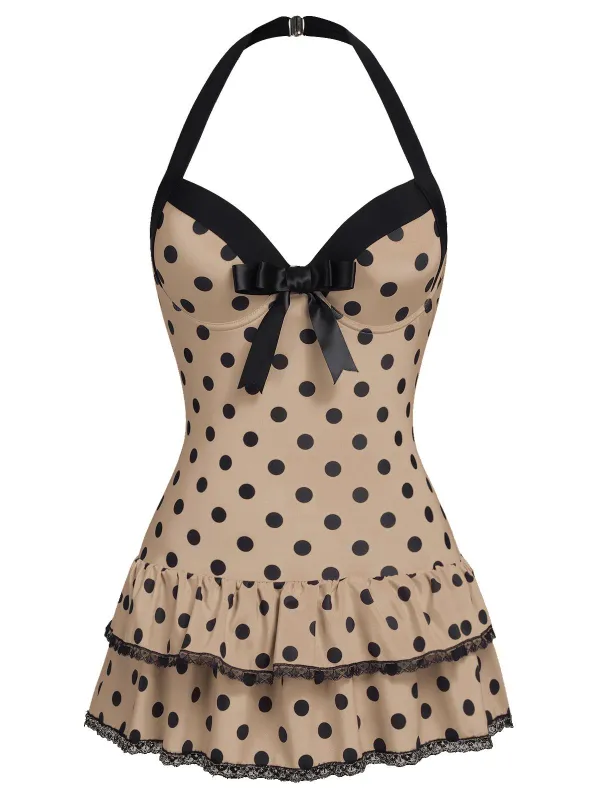 Brown 1940s Halter Polka Dots Bow Swimsuit sold by Retro Stage