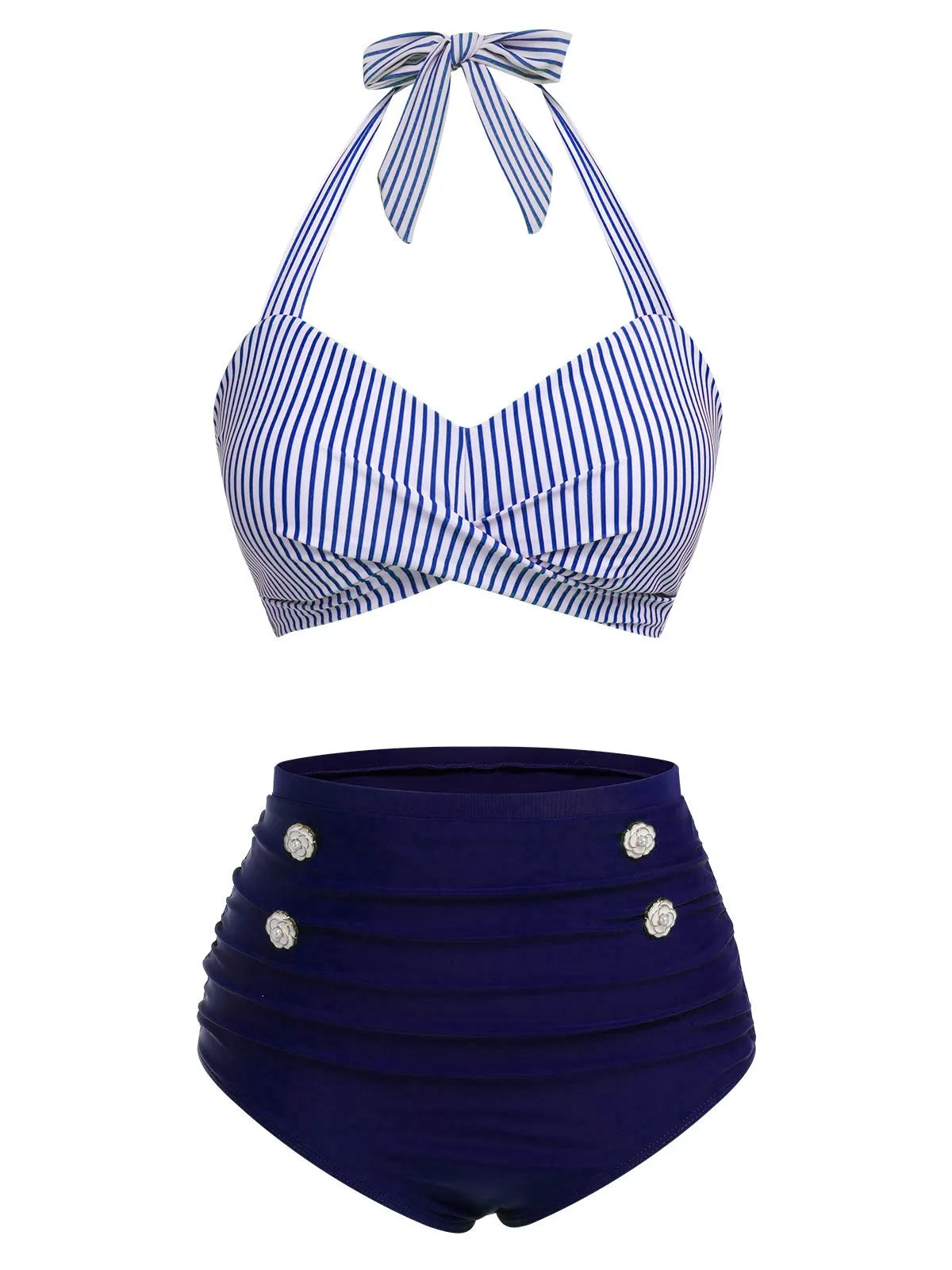 Blue 1940s Striped Halter Swimsuit Set sold by Retro Stage