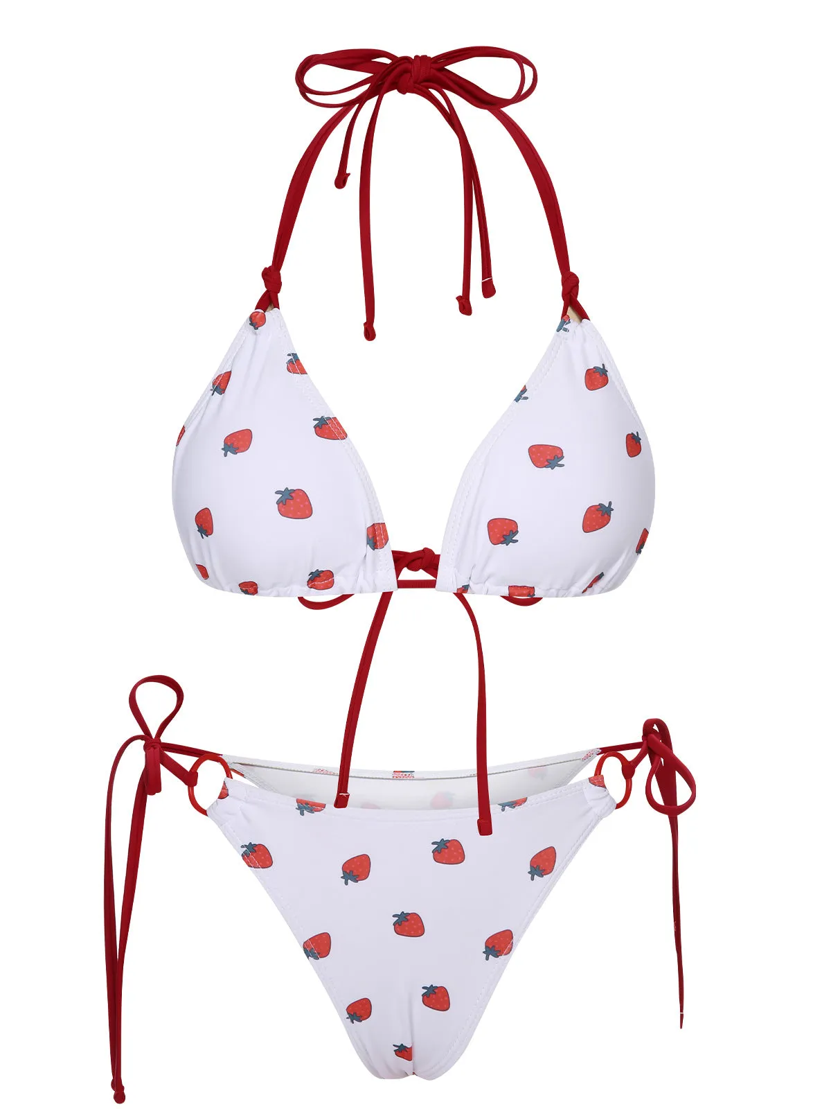 White 1960s Strawberry Lace-Up Halter Bikini Set sold by Retro Stage