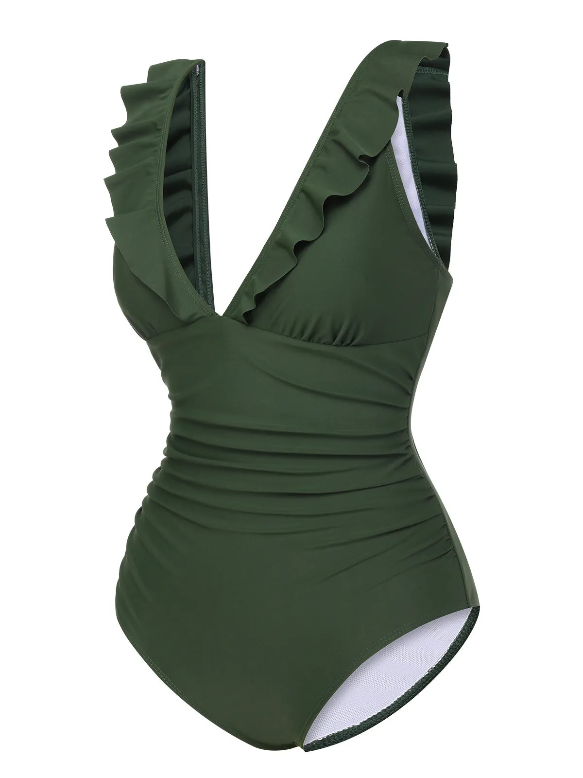 Army Green 1950s Solid Ruffles V-Neck Swimsuit sold by Retro Stage product image thumbnail 2