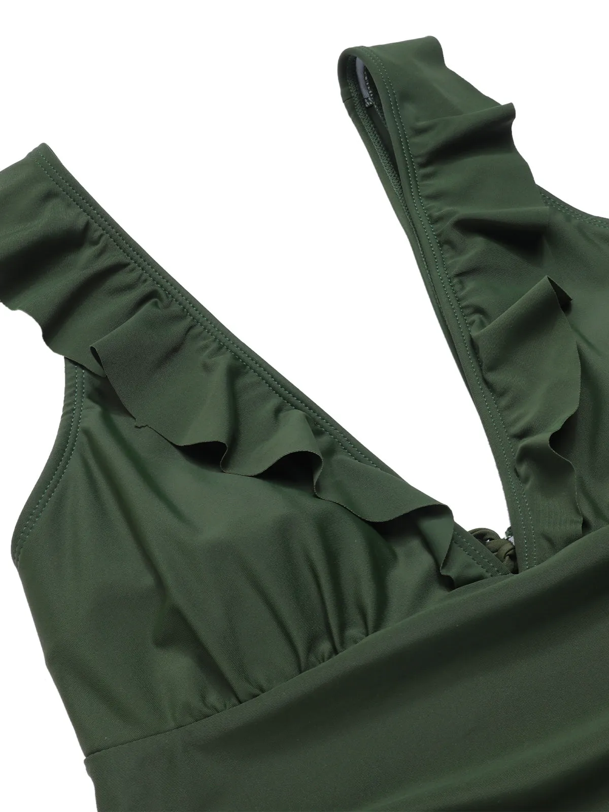 Army Green 1950s Solid Ruffles V-Neck Swimsuit sold by Retro Stage product image thumbnail 4