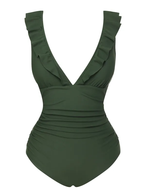 Army Green 1950s Solid Ruffles V-Neck Swimsuit sold by Retro Stage
