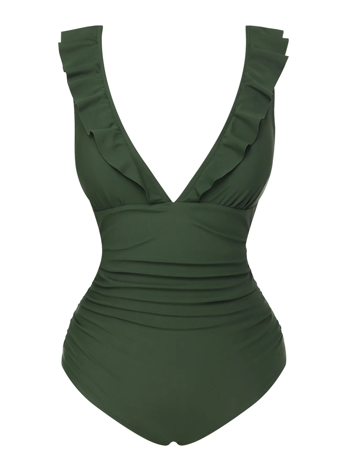 Army Green 1950s Solid Ruffles V-Neck Swimsuit sold by Retro Stage