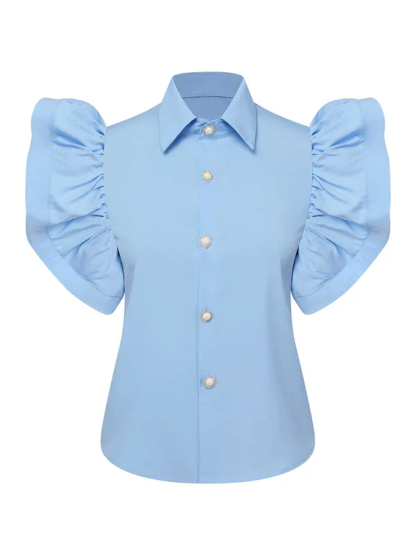 Blue 1950s Lapel Ruffles Sleeve Solid Blouse sold by Retro Stage