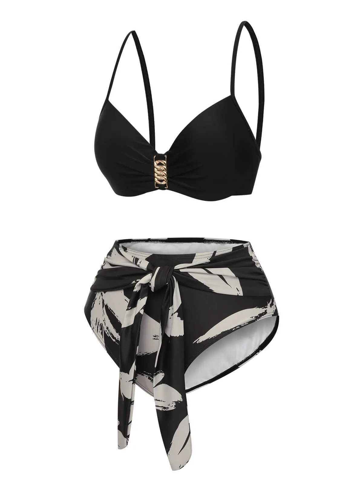 Black 1970s Leaves Strap Bikini & Long Cover-Up sold by Retro Stage product image thumbnail 3