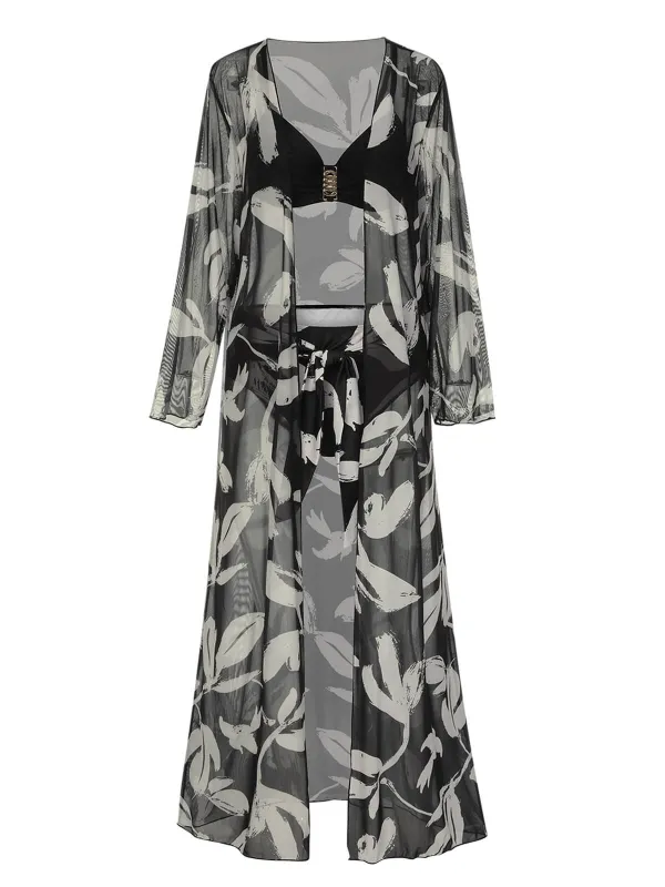 Black 1970s Leaves Strap Bikini & Long Cover-Up sold by Retro Stage