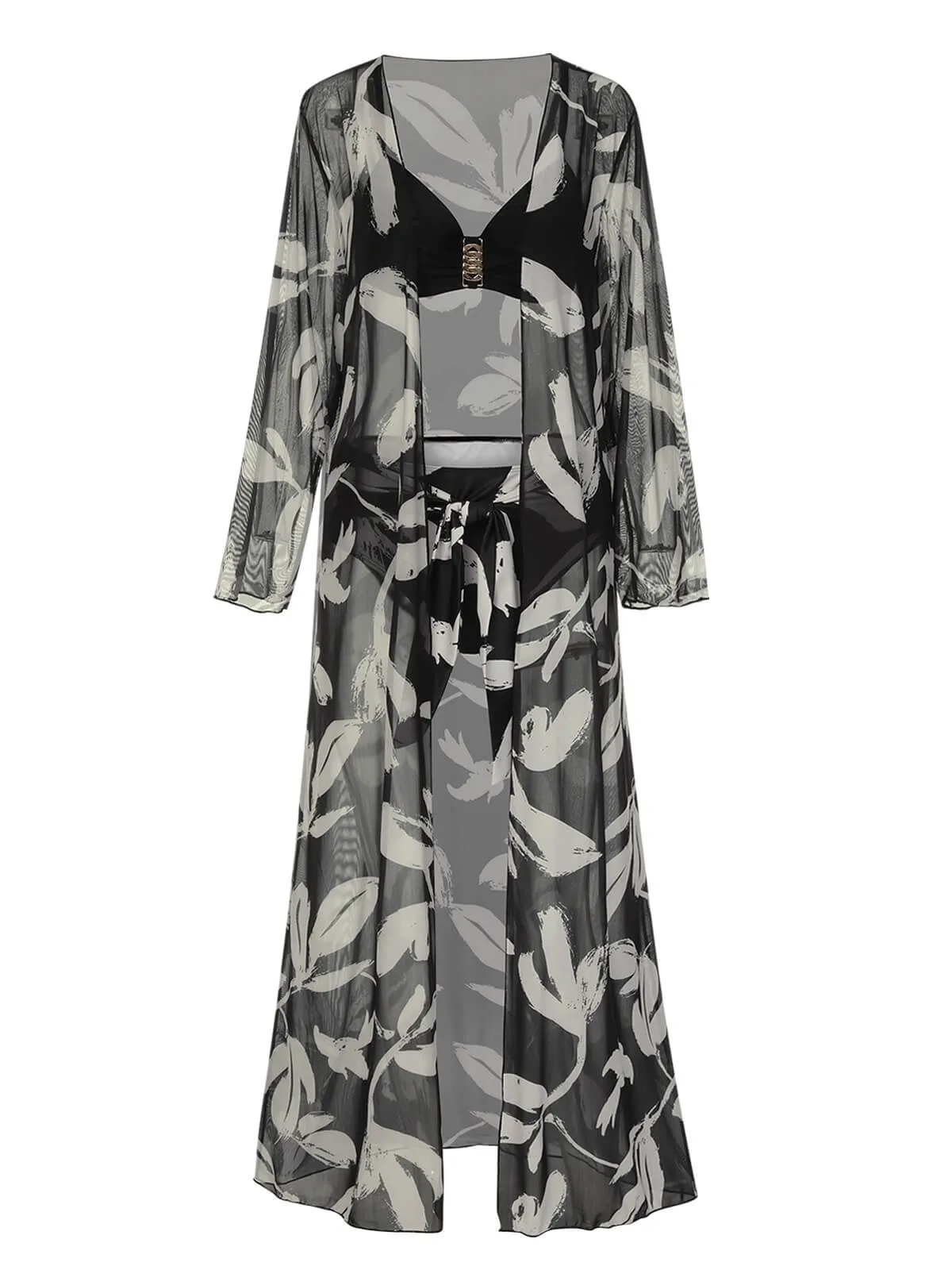 Black 1970s Leaves Strap Bikini & Long Cover-Up sold by Retro Stage