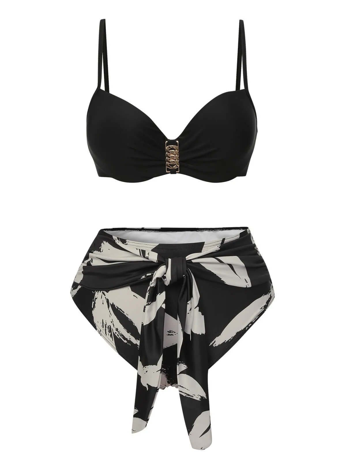 Black 1970s Leaves Strap Bikini & Long Cover-Up sold by Retro Stage product image thumbnail 2