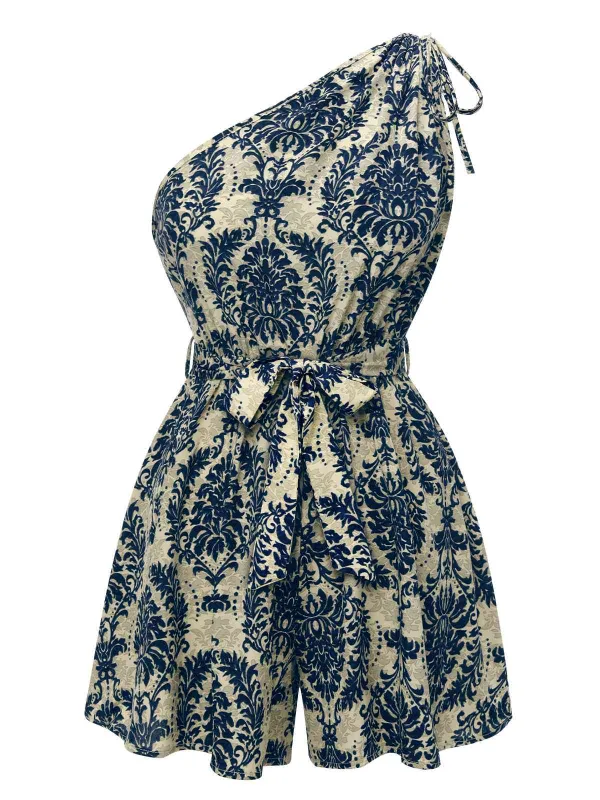 Blue 1950s Floral Print One Shoulder Romper sold by Retro Stage