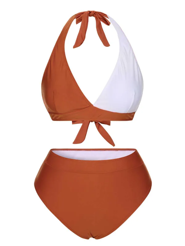 Red 1930s Halter Contrast Swimsuit sold by Retro Stage