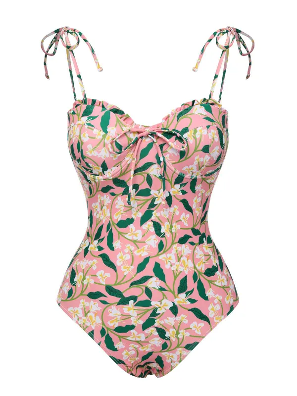 Pink 1950s Spaghetti Strap Plants Print Swimsuit sold by Retro Stage