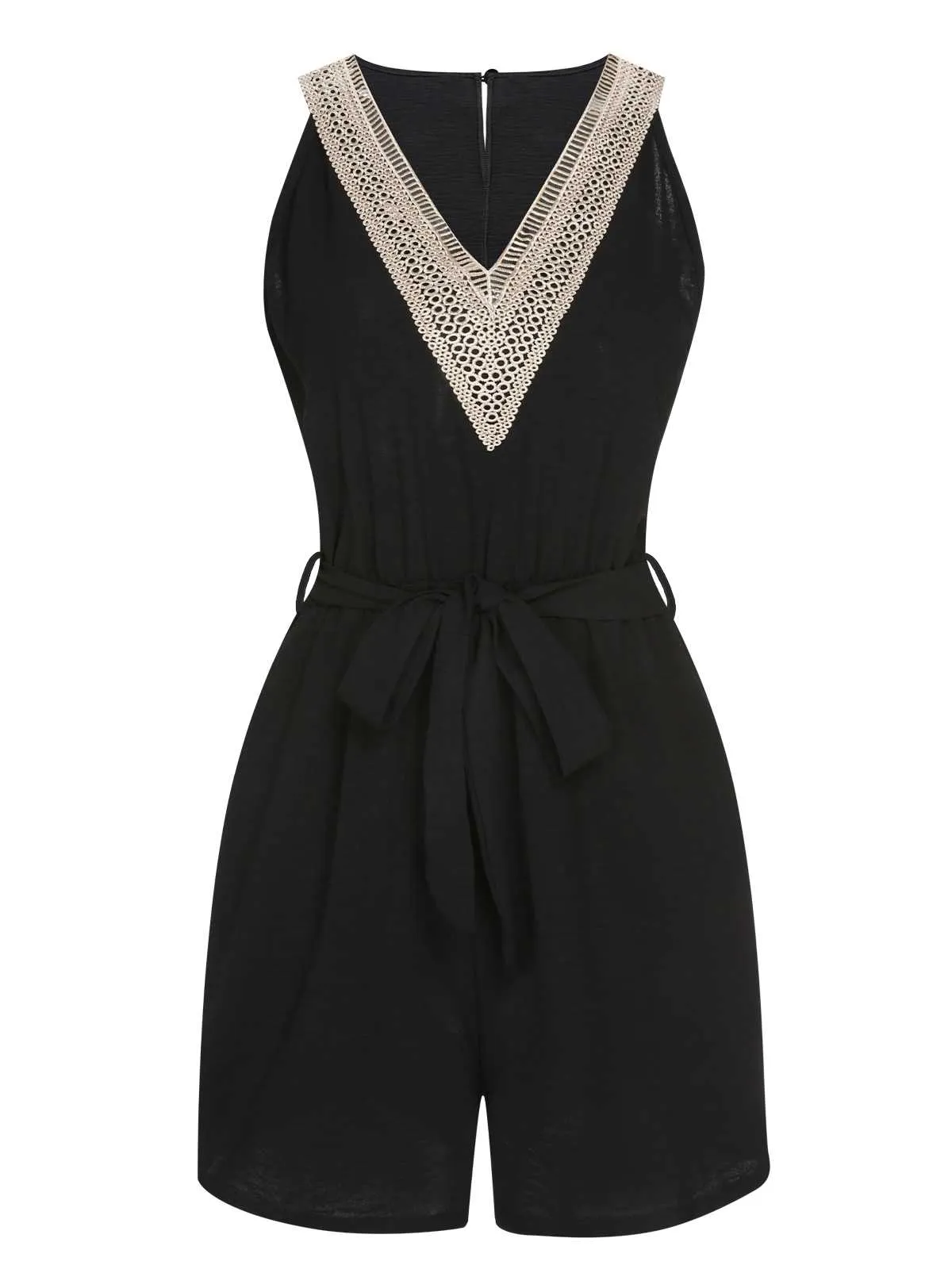 Black 1960s V-Neck Belted Romper sold by Retro Stage