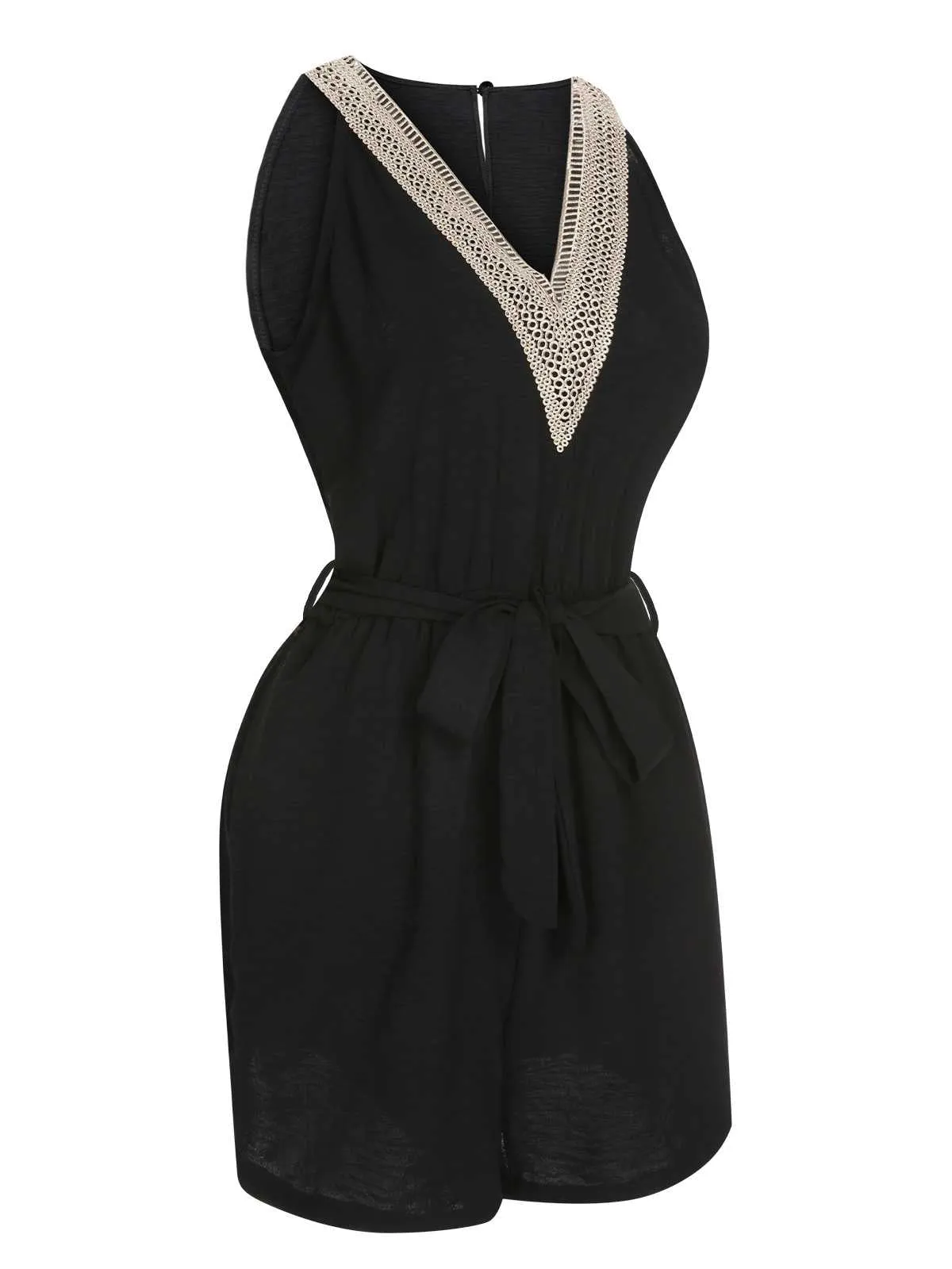 Black 1960s V-Neck Belted Romper sold by Retro Stage product image thumbnail 2