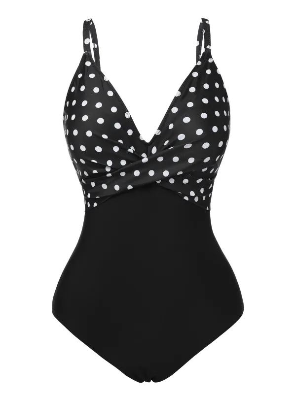 Black 1930s Polka Dots One-Piece Swimsuit sold by Retro Stage