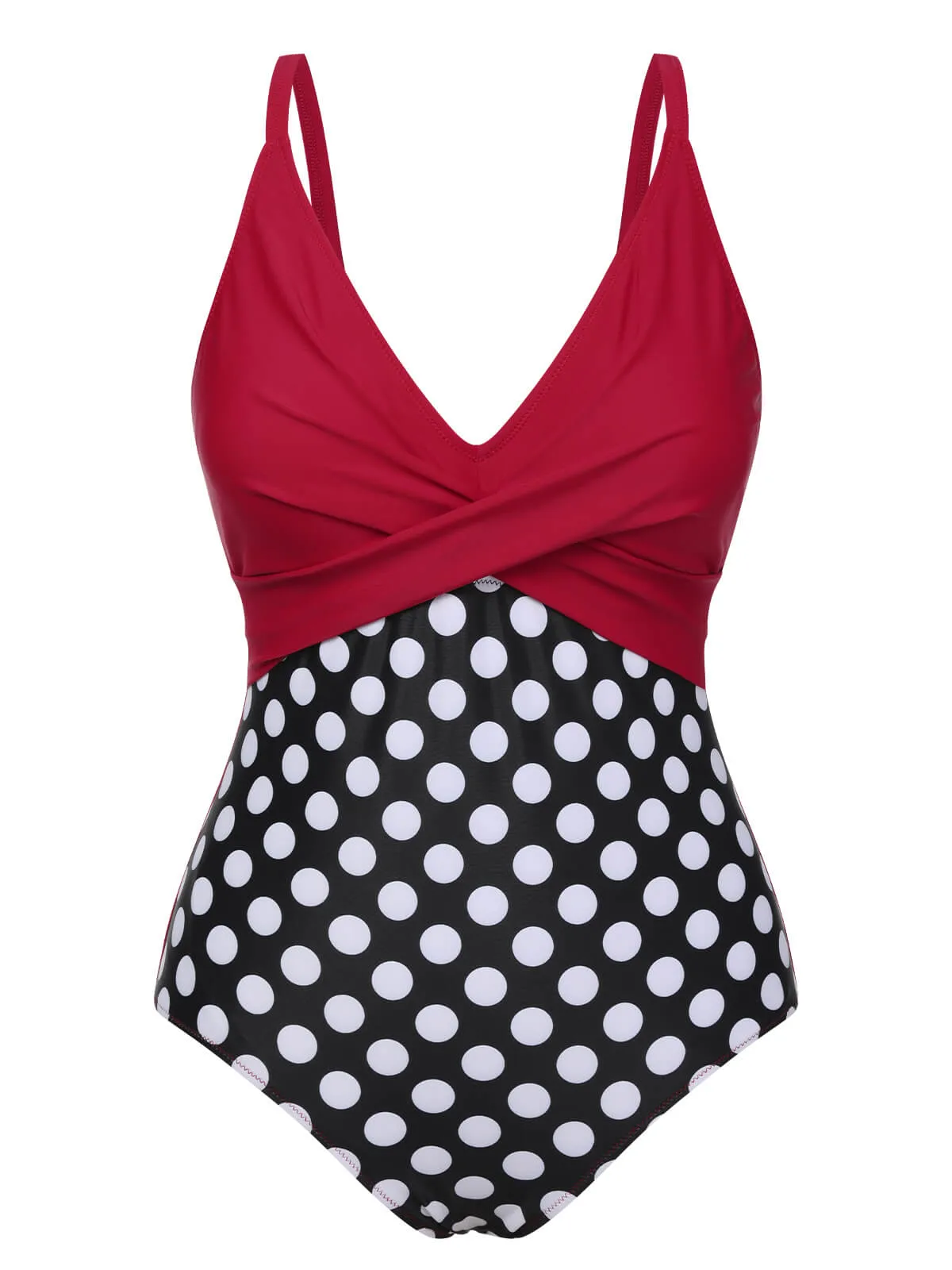Red 1960s Polka Dot Patchwork Swimsuit sold by Retro Stage