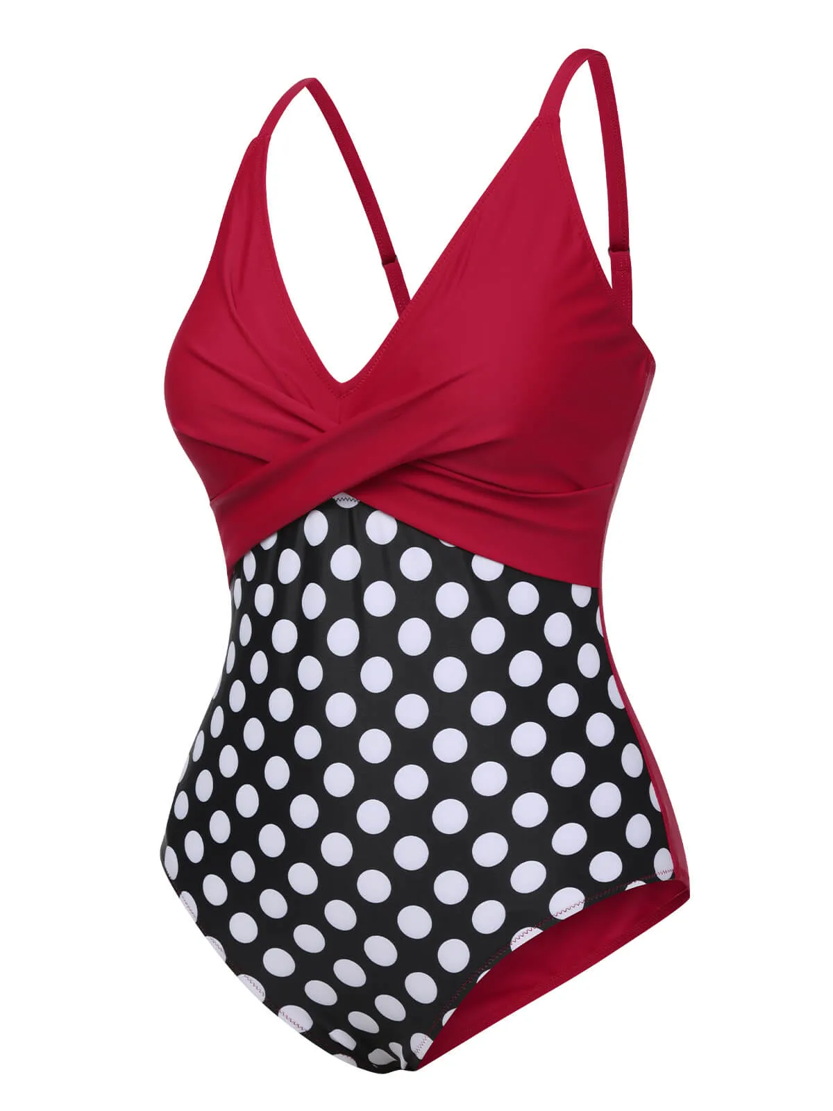 Red 1960s Polka Dot Patchwork Swimsuit sold by Retro Stage product image thumbnail 2