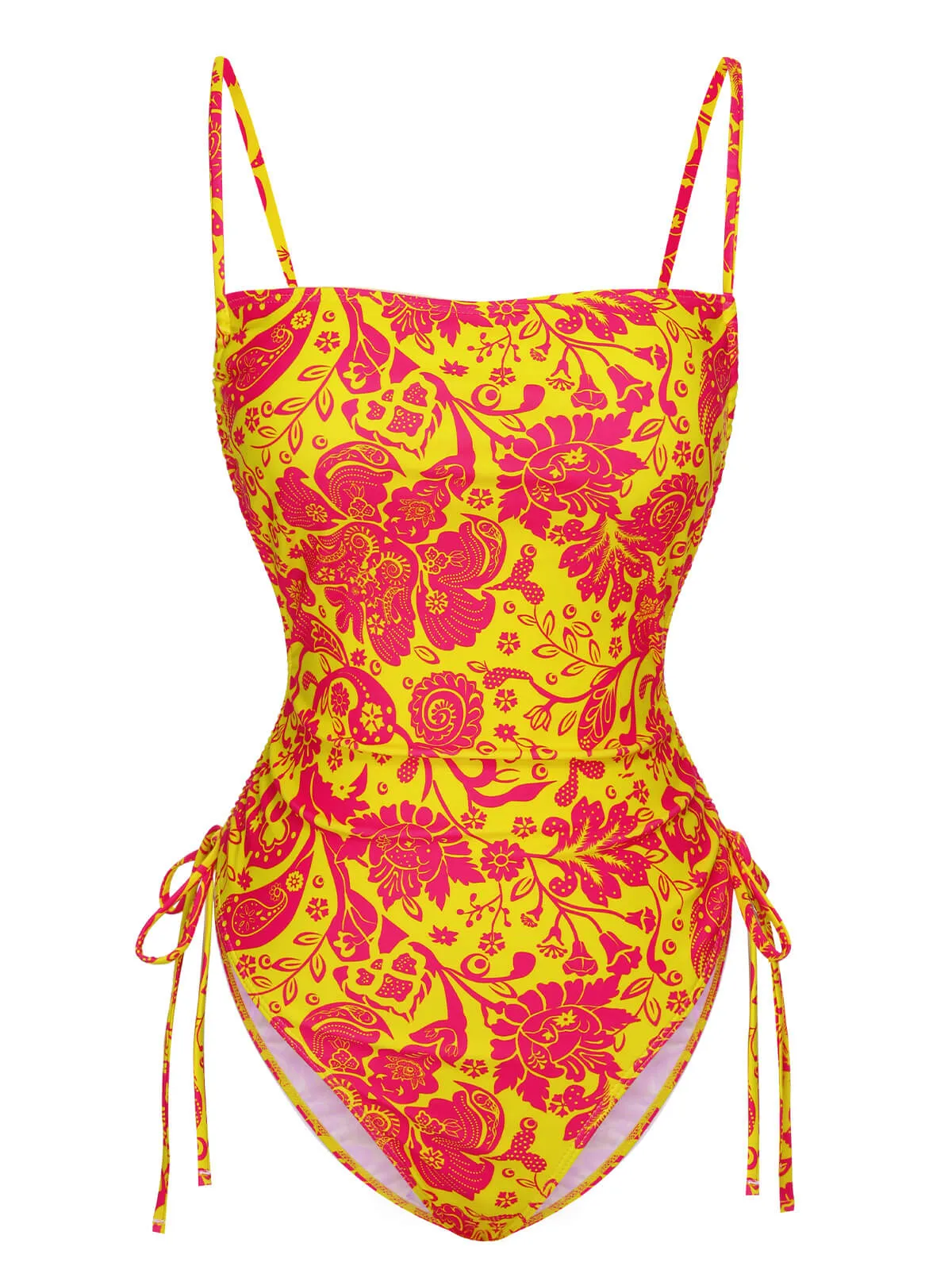 Orange 1970s Russian Floral Drawstring Strap Swimsuit sold by Retro Stage