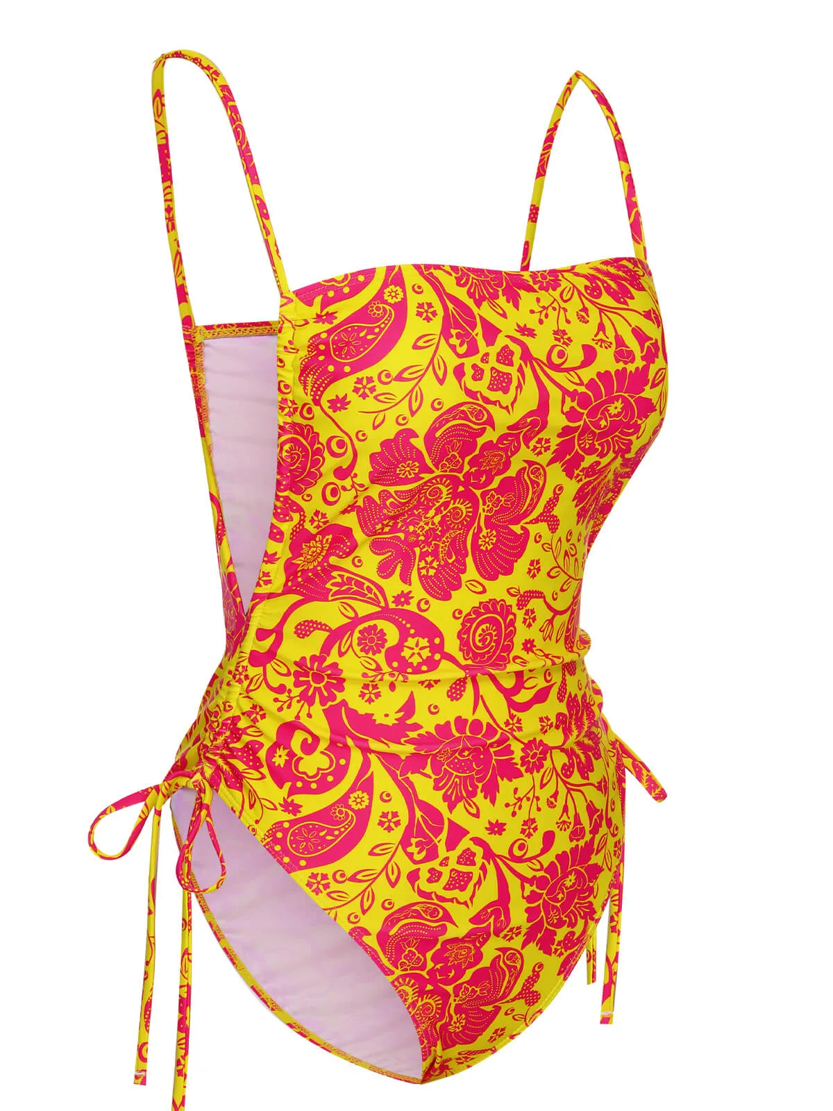 Orange 1970s Russian Floral Drawstring Strap Swimsuit sold by Retro Stage product image thumbnail 2