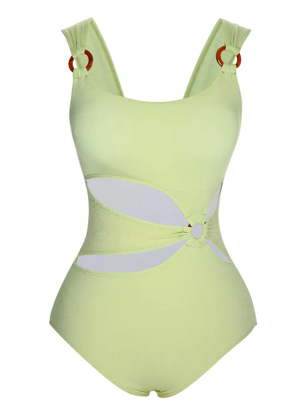 Green 1950s Solid Waist Cutout Ring Swimsuit sold by Retro Stage