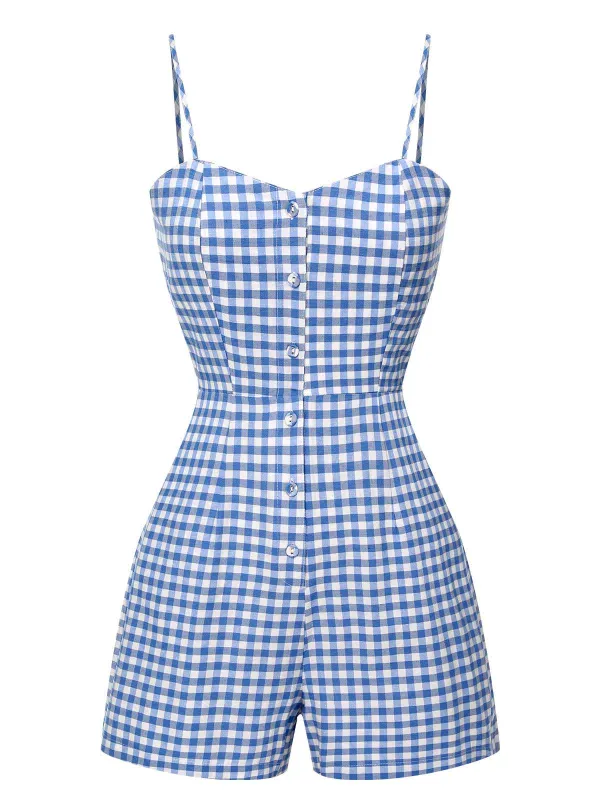 Blue 1960s Spaghetti Strap Plaids Romper sold by Retro Stage