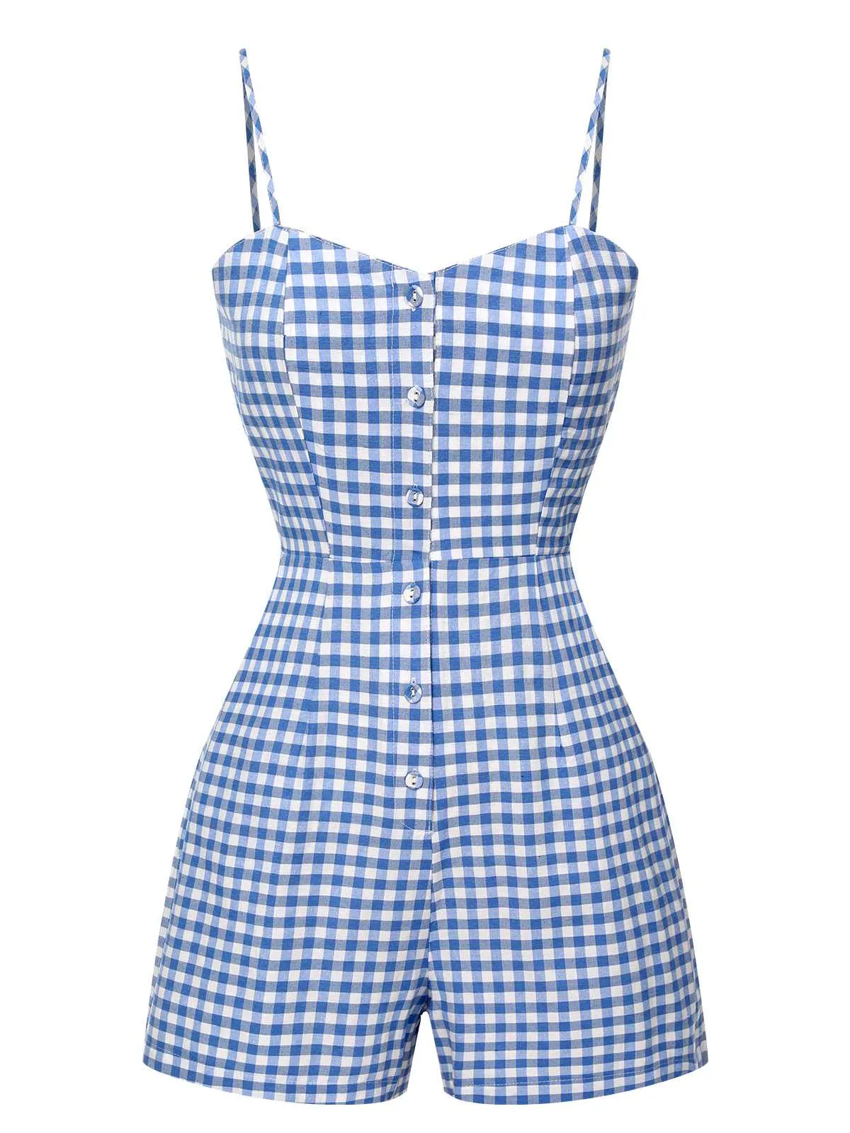Blue 1960s Spaghetti Strap Plaids Romper sold by Retro Stage