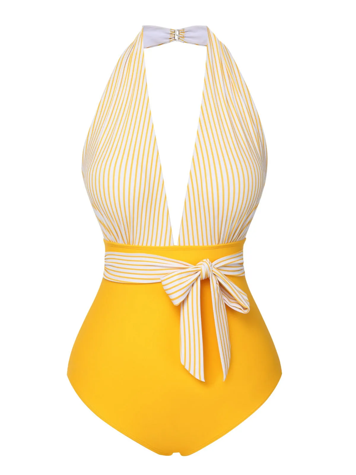 Yellow 1950s Halter Striped Patchwork Swimsuit sold by Retro Stage product image thumbnail 2