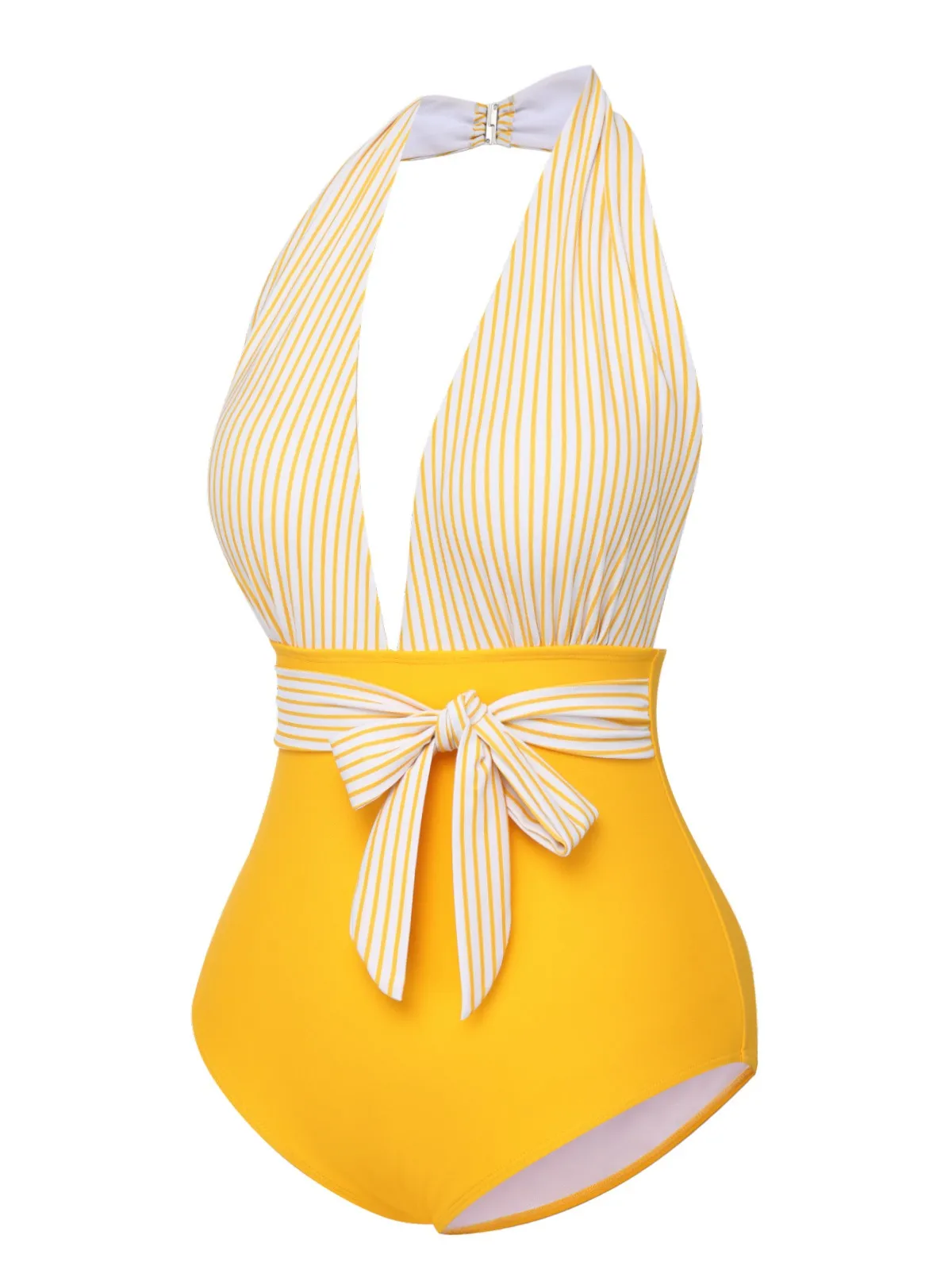 Yellow 1950s Halter Striped Patchwork Swimsuit sold by Retro Stage product image thumbnail 3