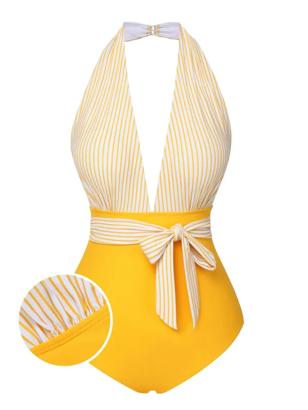 Yellow 1950s Halter Striped Patchwork Swimsuit sold by Retro Stage