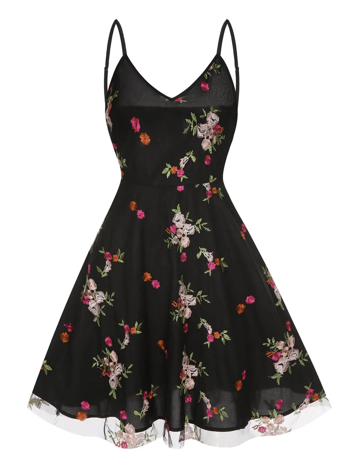 Black 1970s Floral Embroidered Mesh Strap Dress sold by Retro Stage