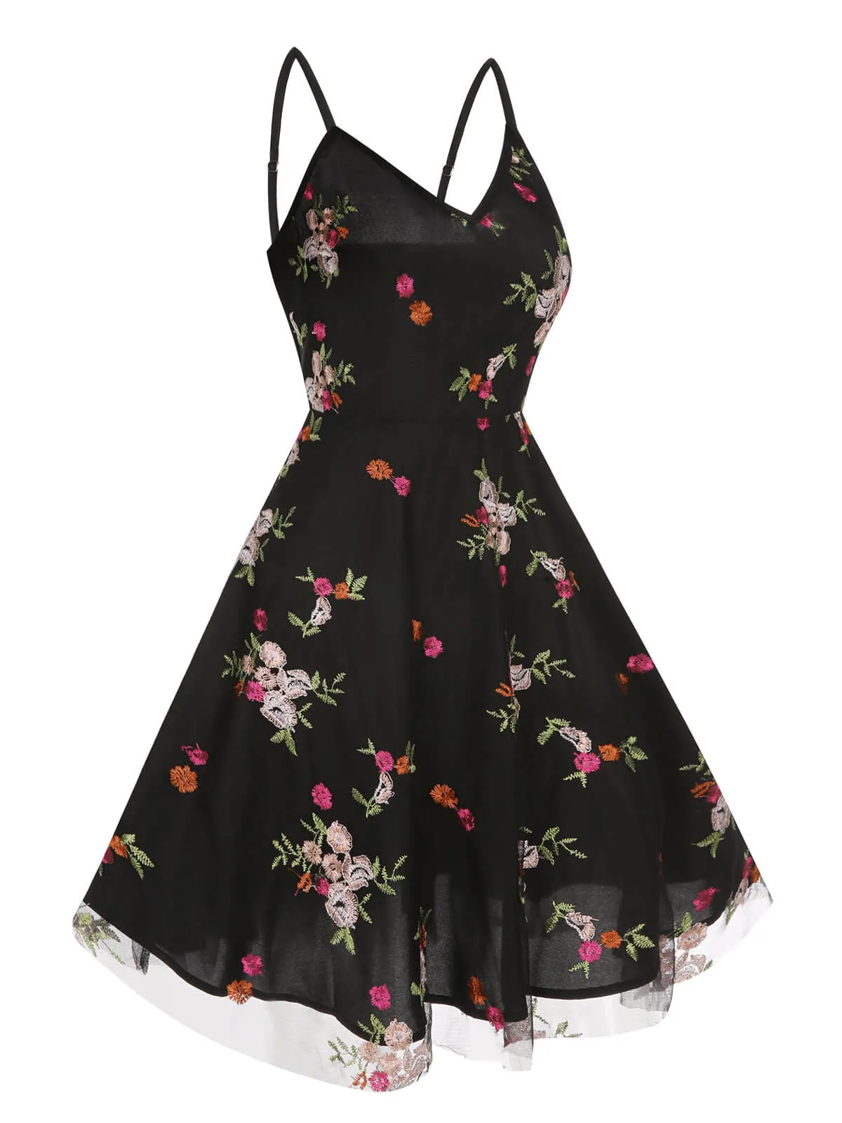 Black 1970s Floral Embroidered Mesh Strap Dress sold by Retro Stage product image thumbnail 2