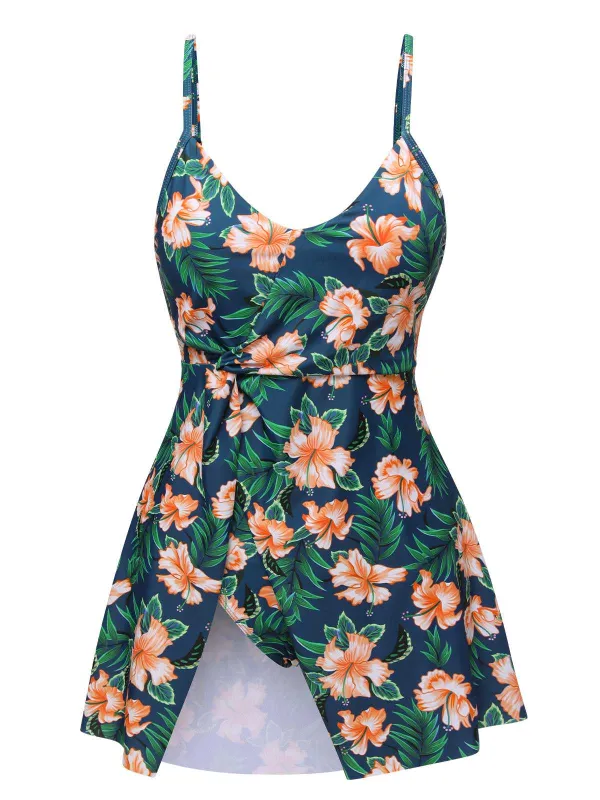 Green 1950s Spaghetti Strap Floral Swimsuit sold by Retro Stage
