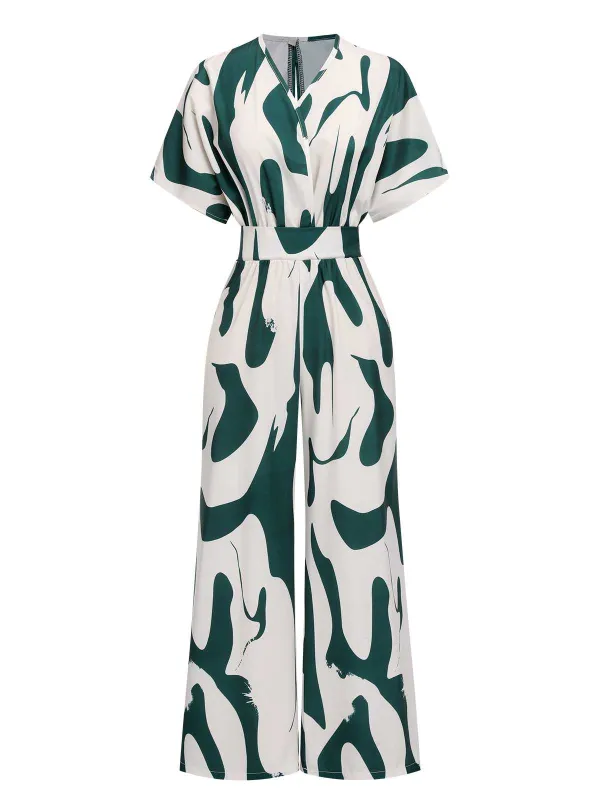 Green 1940s Print Wide-Leg Jumpsuit sold by Retro Stage