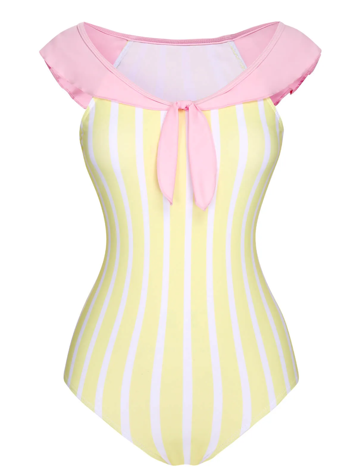 Yellow & Pink 1940s Stripe One-Piece Swimsuit sold by Retro Stage product image thumbnail 2