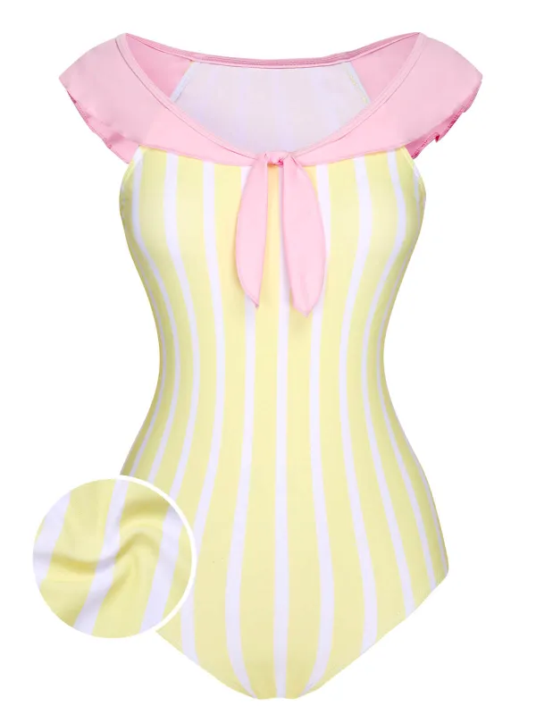 Yellow & Pink 1940s Stripe One-Piece Swimsuit sold by Retro Stage