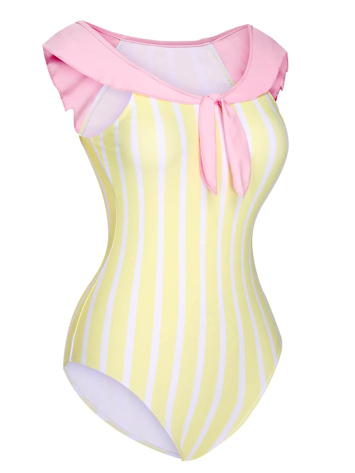Yellow & Pink 1940s Stripe One-Piece Swimsuit sold by Retro Stage product image thumbnail 3