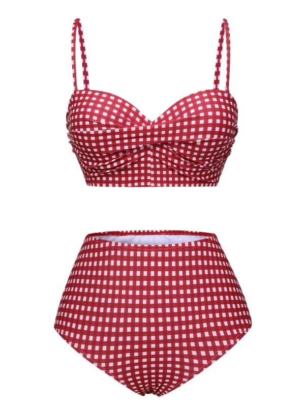 1950s Gingham Plaid Suspender Swimsuit sold by Retro Stage