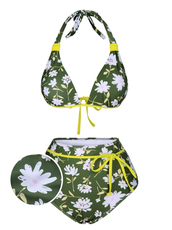 Dark Green 1940s Halter Bow Floral Swimsuit sold by Retro Stage