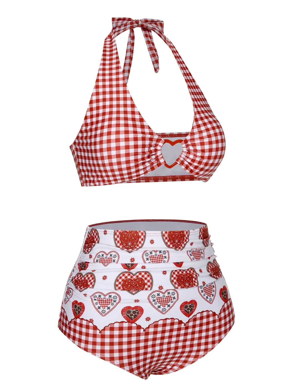 Red 1950s Halter Heart Plaids Swimsuit sold by Retro Stage product image thumbnail 3