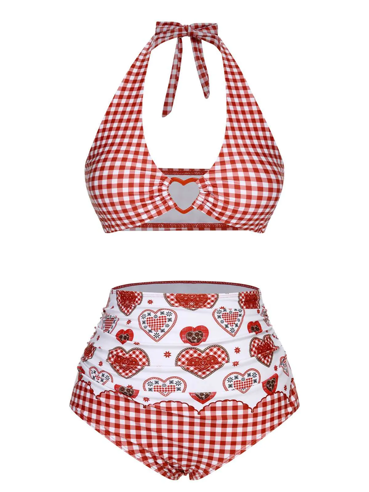 Red 1950s Halter Heart Plaids Swimsuit sold by Retro Stage product image thumbnail 2