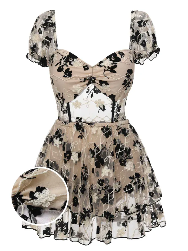 1950s Square Neck Floral Mesh One-Piece Swimsuit sold by Retro Stage