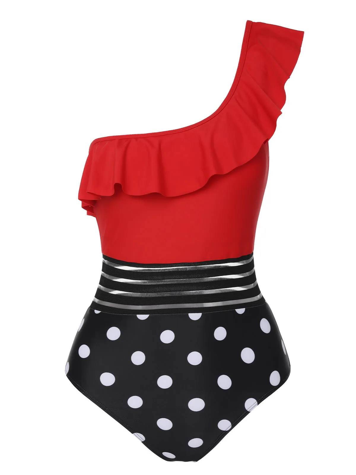 1960s One-Shoulder Ruffles Polka Dots Swimsuit sold by Retro Stage