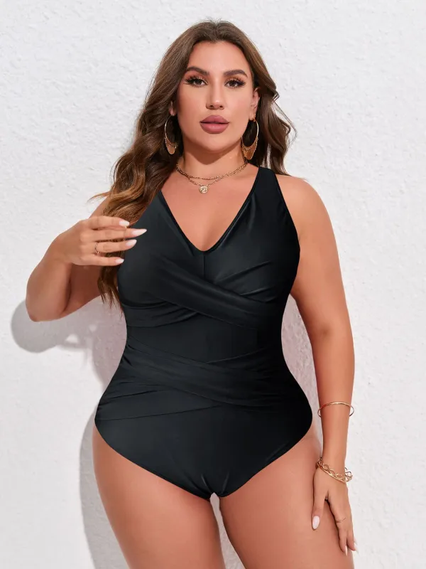 [Plus Size] Black 1940s Solid V-Neck One-Piece Swimsuit sold by Retro Stage