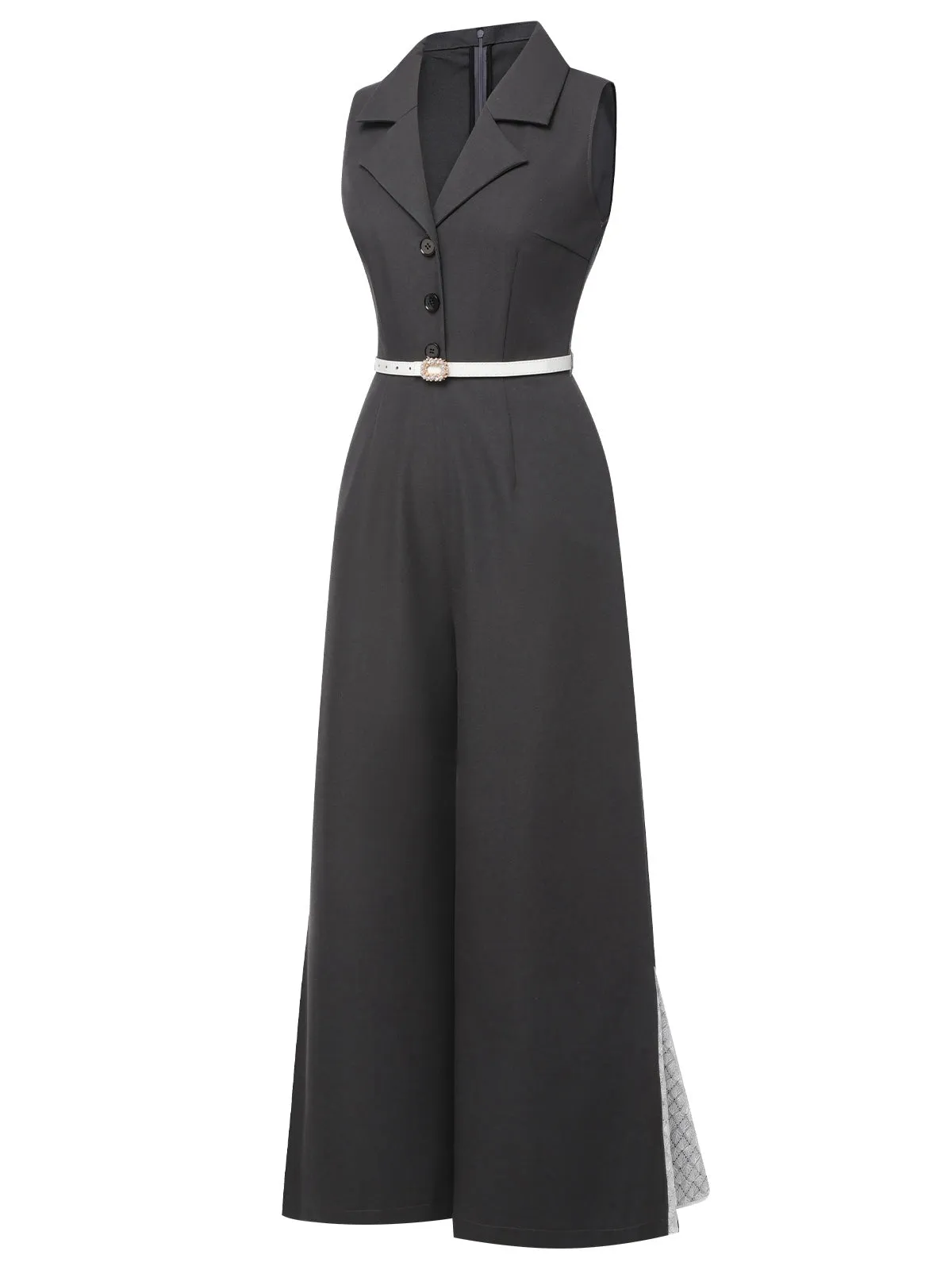 Gray 1940s V-Neck Lapel Lace-Patchwork Jumpsuit sold by Retro Stage product image thumbnail 3