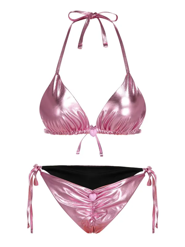 Pink 1970s Metallic 3D Heart Swimsuit sold by Retro Stage