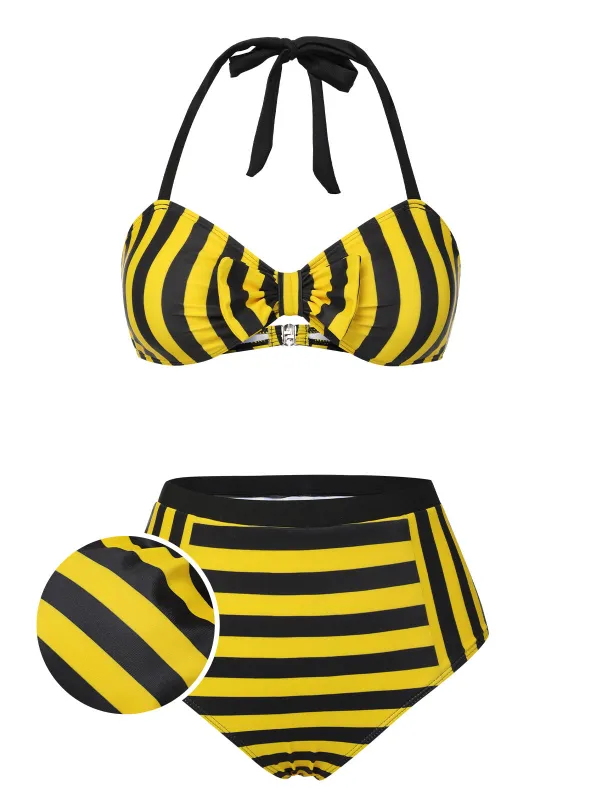 Yellow & Black 1970s Striped Bow Halter Swimsuit sold by Retro Stage